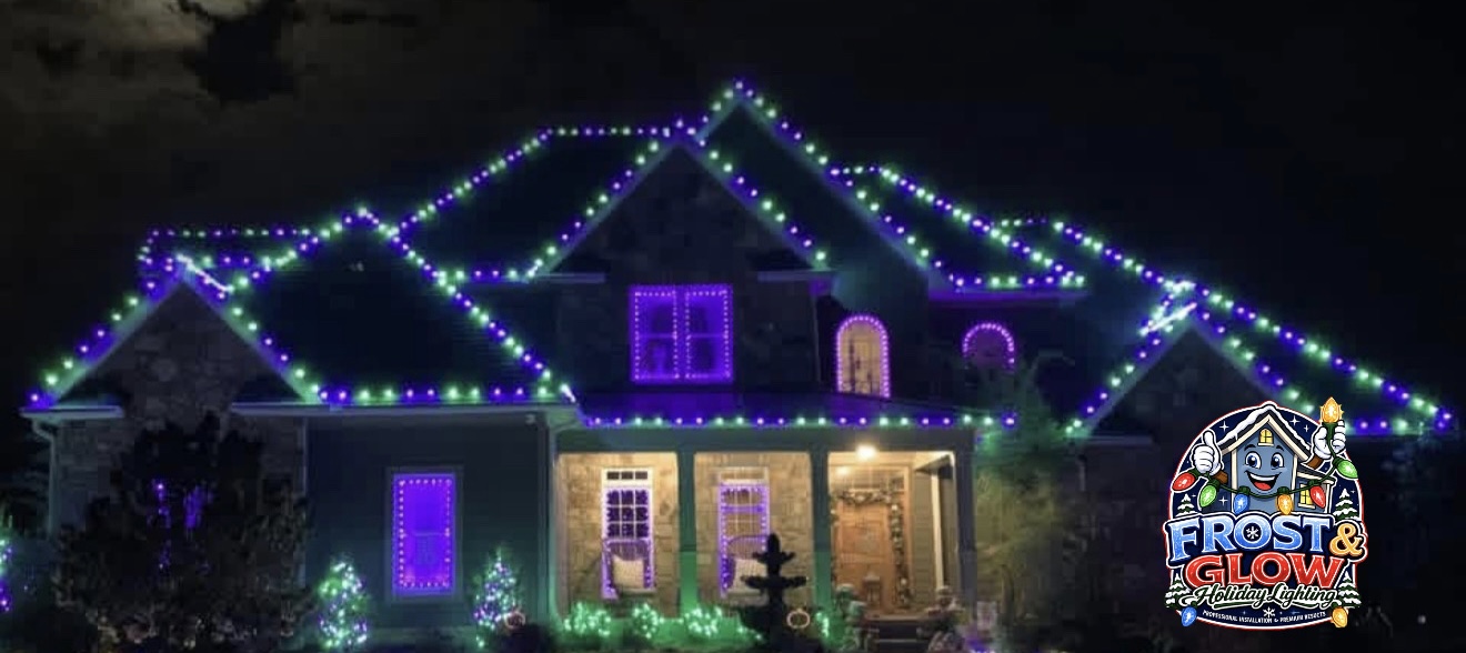 Color-matched bulbs across every roofline plus curtain lights in the windows for a bold custom look.