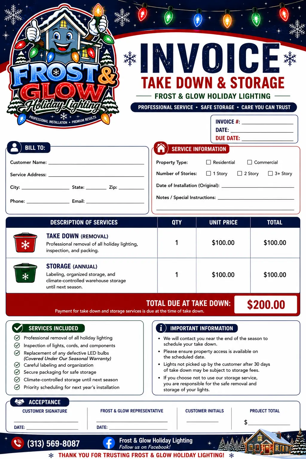 Take Down & Storage Invoice