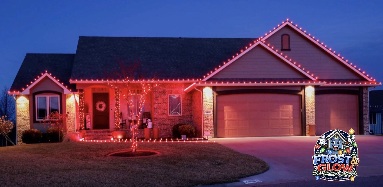 A bold red C9 roofline paired with a wrapped front tree, lit porch details and a glowing wreath.