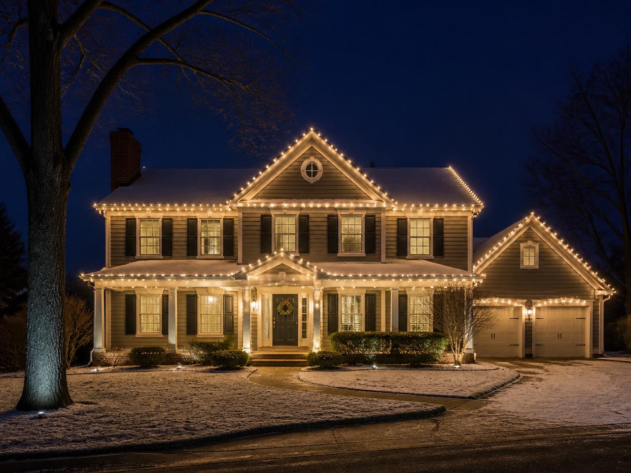 Every peak, gutter line and porch column outlined in C9 bulbs on a two-story colonial.