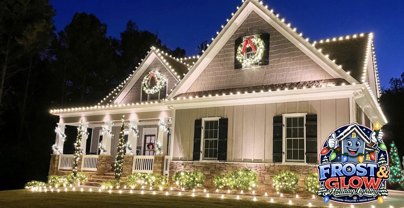 Lit wreaths with red bows on the gables, wrapped porch posts and a full bed of ground lights.