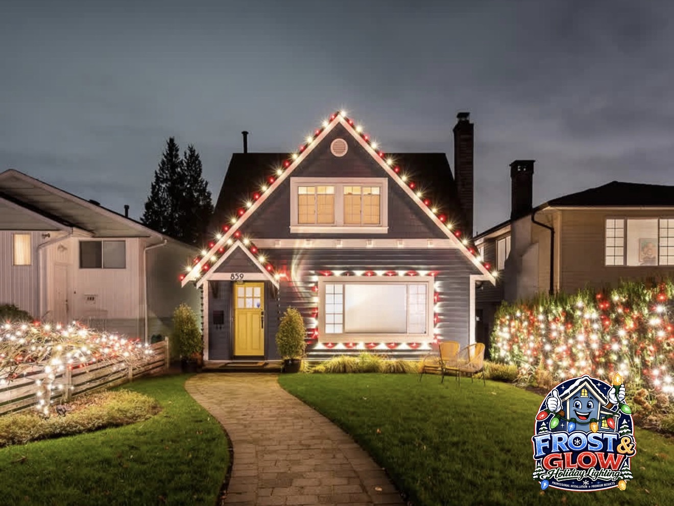 Peaks and eaves outlined in red and white with netted hedges lighting up the front yard.