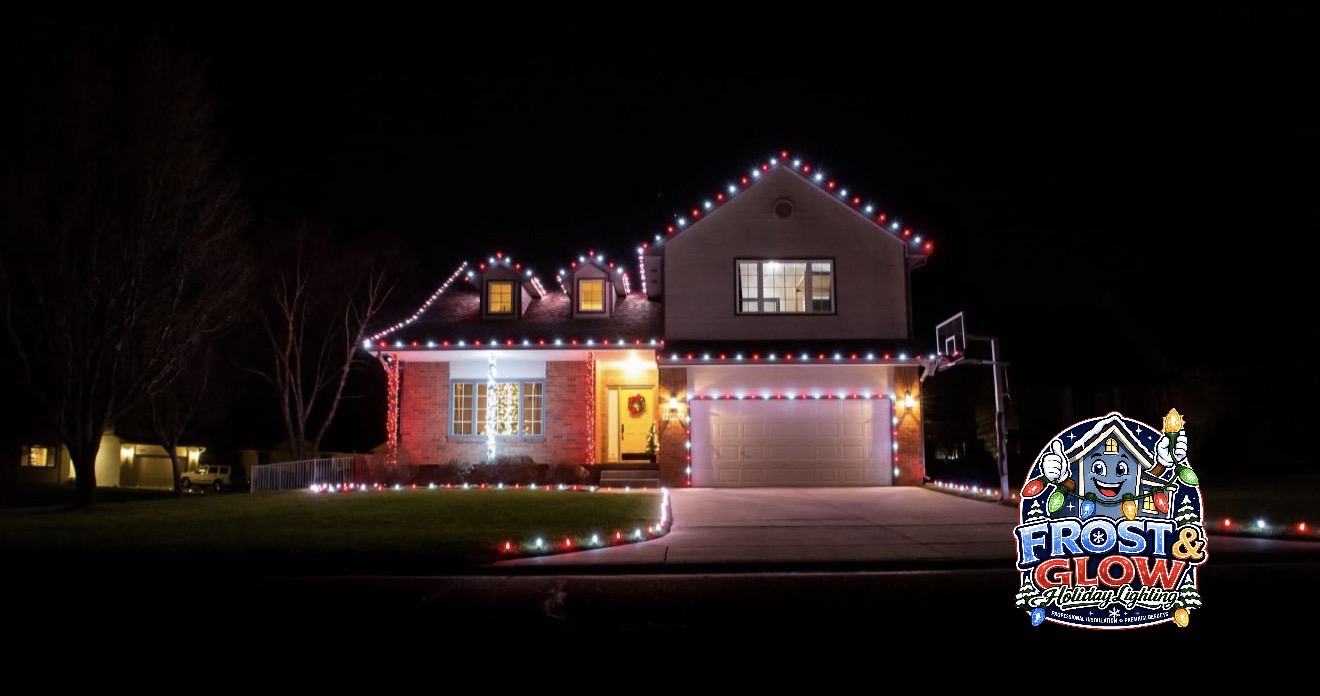 Red and white C9 bulbs outline the roof, dormers, garage and driveway for a complete nighttime display.